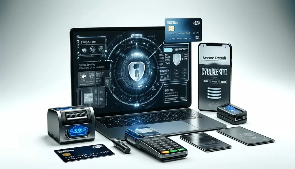 Advanced Credit Card Cybersecurity system setup with various credit card types and cybersecurity devices on a white background