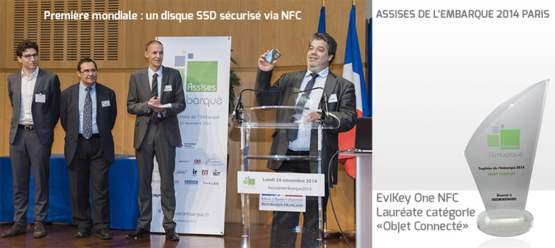 Award 2014 NFC EviKey® the story of the first hardened USB stick and NFC EviDisk® SSD Sata 3 unlockable contactless by Freemindtronic Andorra