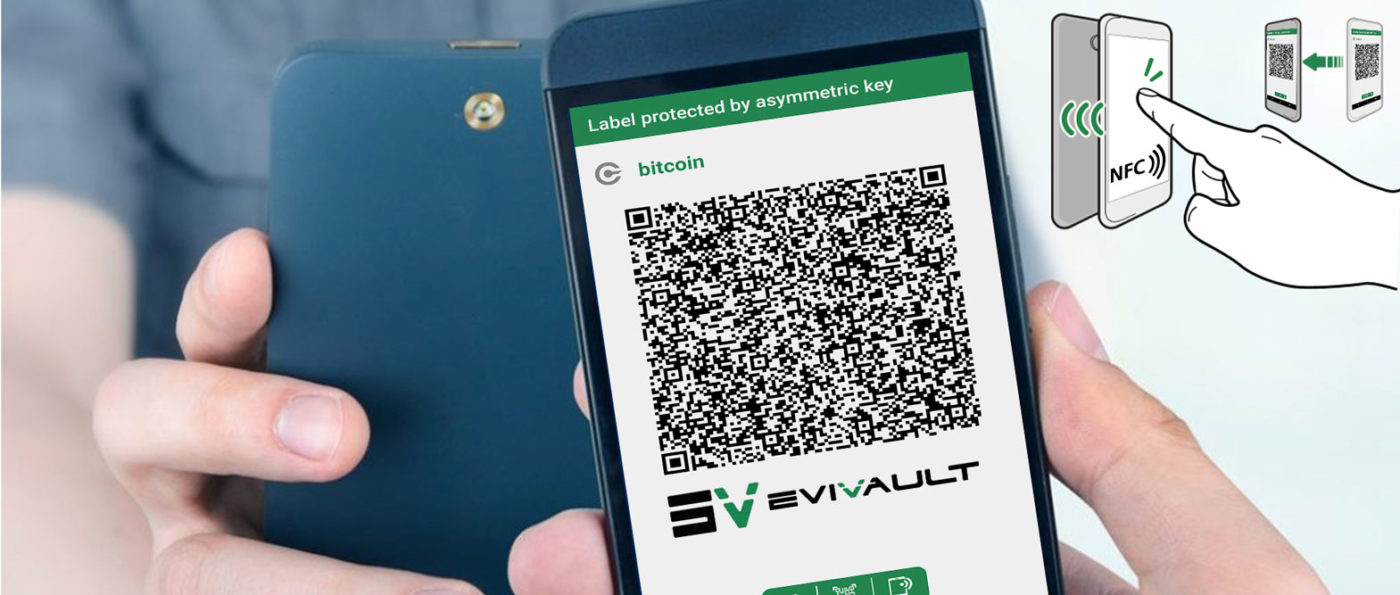 Hearder EviVault app sharing private key crypto asset cryptocurrency seed recovery beam nfc scan camera qr code two smartphones 1569 667px