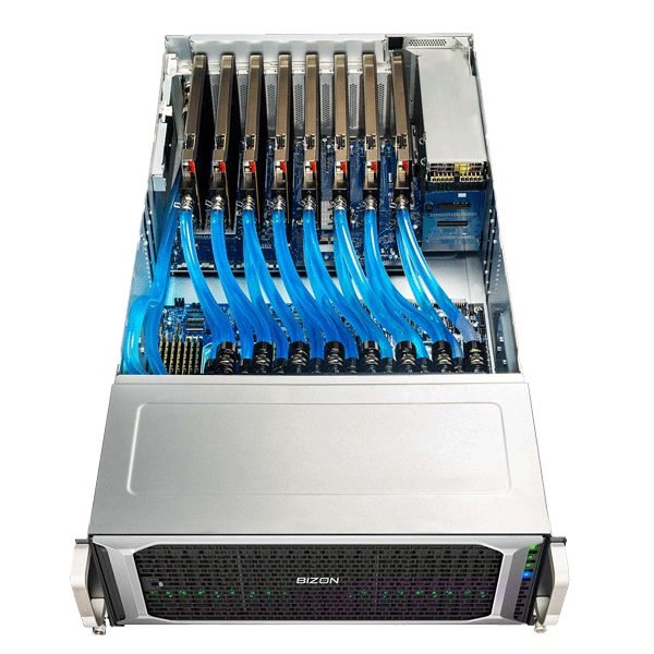 Liquid-cooled BIZON 8x GPU server with 384-core EPYC CPUs and RTX-class GPUs for industrial-scale password cracking