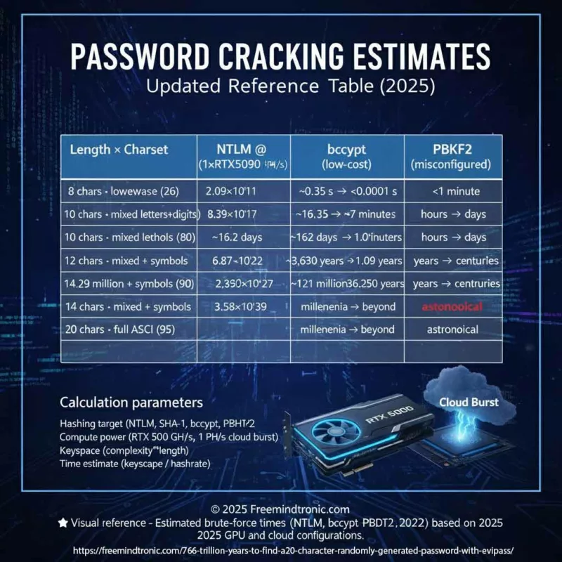 Illustrative Reference Table showing the order of magnitude of time required for password cracking against NTLM, bcrypt, and PBKDF2 based on current compute power. Emphasizes that for slow hashes like bcrypt, the cracking time becomes astronomical.
