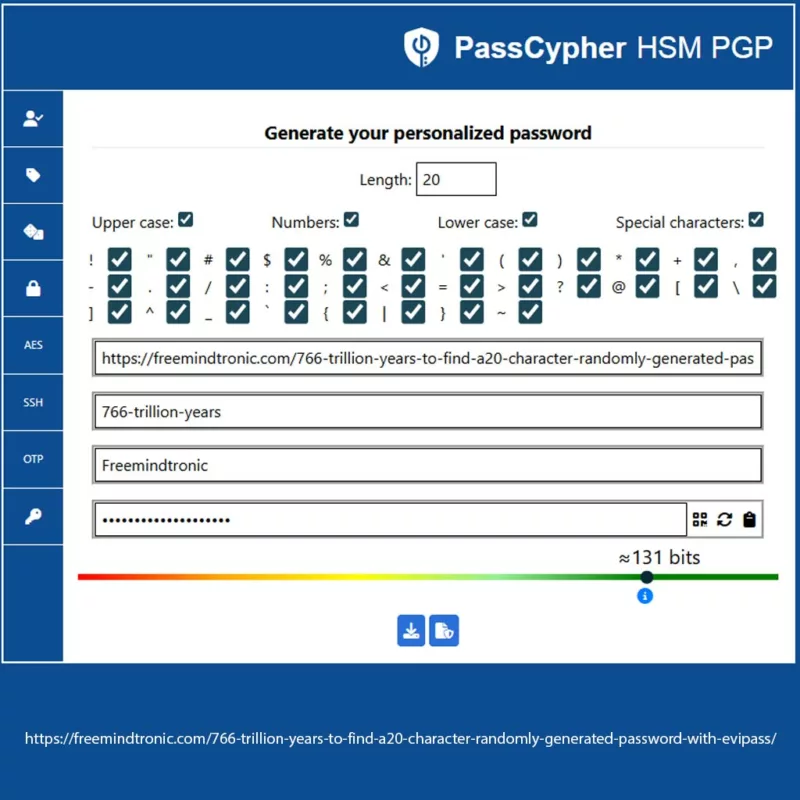 Screenshot of the PassCypher HSM PGP extension showing a randomly generated 20-character password using the full ASCII symbol set, achieving approximately 131 bits of entropy (Shannon control). Highlights integration with EviPass technology for secure, hardware-anchored secrets.