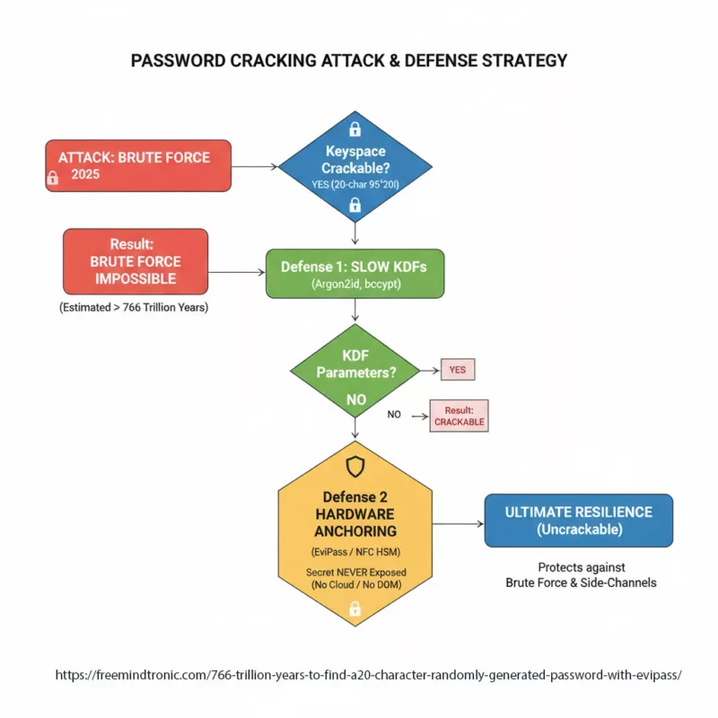 Flowchart illustrating the multi-layered password cracking defense strategy for 2025: Keyspace check (20-char 95^20), Defense 1 with Slow KDFs (Argon2id, bcrypt), and Defense 2 with Hardware Anchoring (EviPass NFC HSM) leading to Ultimate Resilience against Brute Force and Side-Channels.