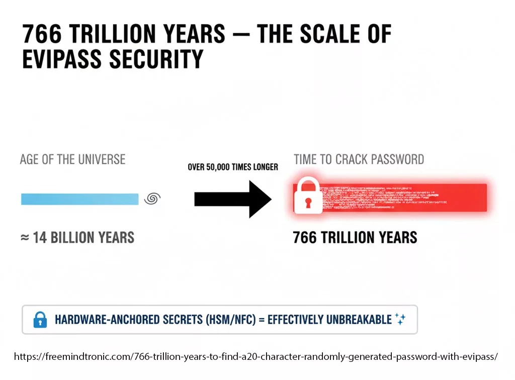 Infographic comparing 766 trillion years (time to brute-force a 20-character EviPass password) with the age of the universe (14 billion years), illustrating that hardware-anchored secrets (HSM/NFC) provide effectively unbreakable security.