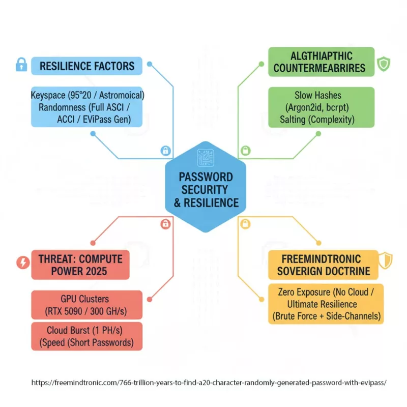 Mind map summarizing the four strategic pillars of password resilience and digital security for 2025: Resilience Factors (keyspace, randomness), Algorithmic Countermeasures (slow hashes), Compute Power Threat (GPU, cloud burst), and Freemindtronic Sovereign Doctrine (HSM/NFC).