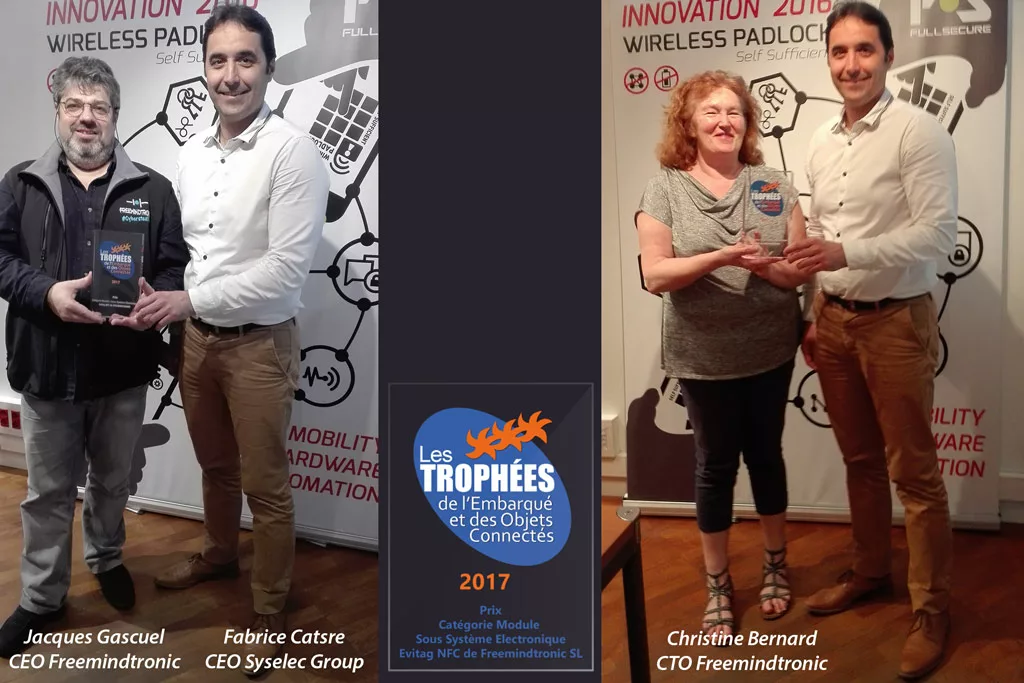 Award 2017 MtoM & Embedded System & IoT Freemindtronic Andorra winner in the category electronic module subsystem Christine Bernard Fabrice Castre Jacques Gascuel