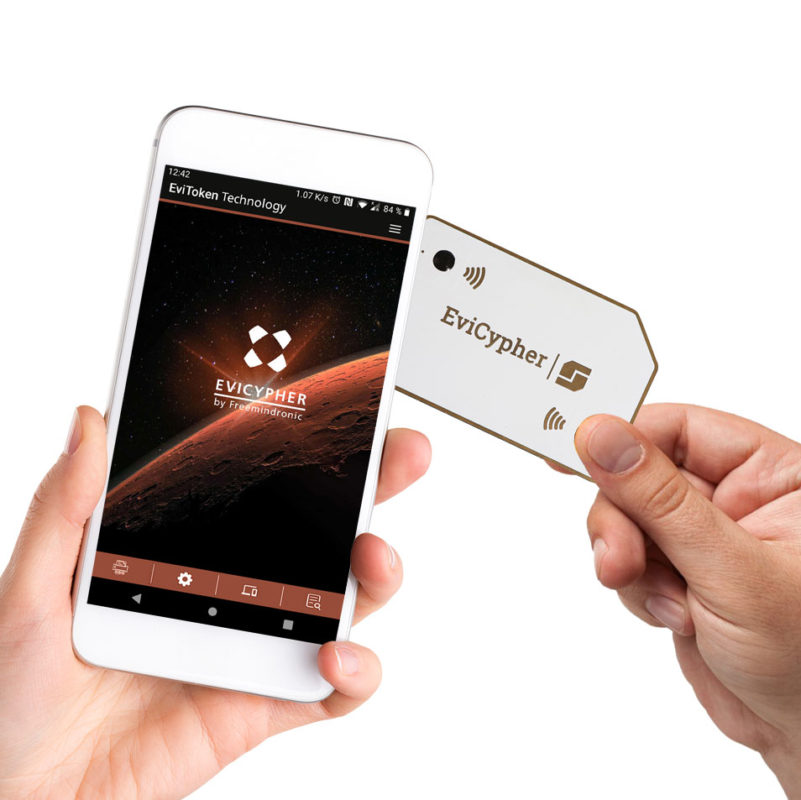 Contactless message encryption via EviCypher card white gold smartphone Android NFC hands from Freemindtronic jpg