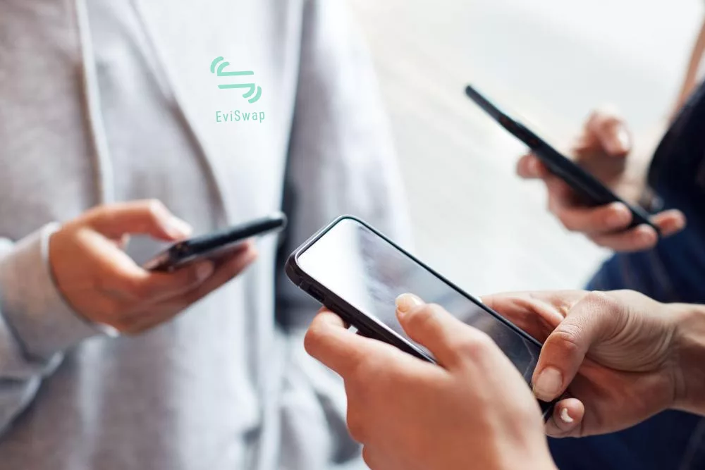 EviSwap NFC reader write vcard vcf swap share bluetooth nearby share greentech woman coffee hands card nfc tag logo Eco Friendly technology Freemindtronic Andorra