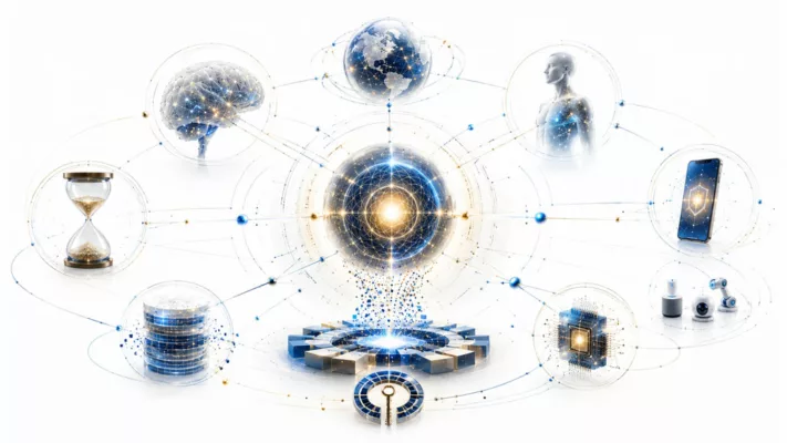 Illustration scientifique représentant les architectures intelligence prédictive avec un noyau de confiance, un modèle du monde, une mémoire segmentée, un cerveau neuronal, un sablier symbolisant le temps, une identité numérique, un smartphone sécurisé et des objets connectés.
