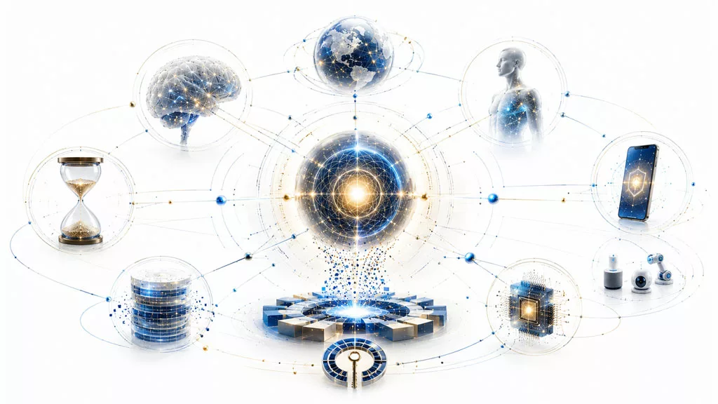 Illustration scientifique représentant les architectures intelligence prédictive avec un noyau de confiance, un modèle du monde, une mémoire segmentée, un cerveau neuronal, un sablier symbolisant le temps, une identité numérique, un smartphone sécurisé et des objets connectés.