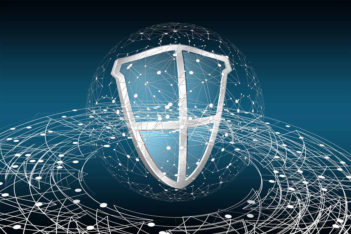 Shield representing ChatGPT Cybersecurity System Safety, connected to a network of digital nodes.