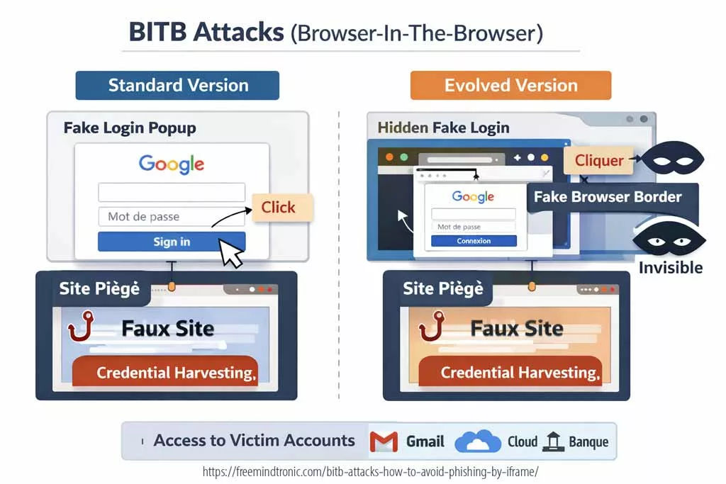 Diagram illustrating BITB attacks (Browser-in-the-Browser), including visible fake login popup and invisible redirection iframe phishing variants targeting SSO authentication