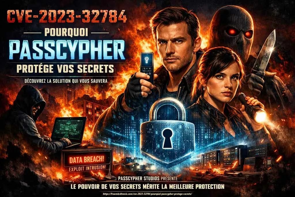 Affiche de cinéma pour CVE-2023-32784, illustrant comment PassCypher protège vos secrets numériques contre les vulnérabilités de mémoire et les attaques zero-day.