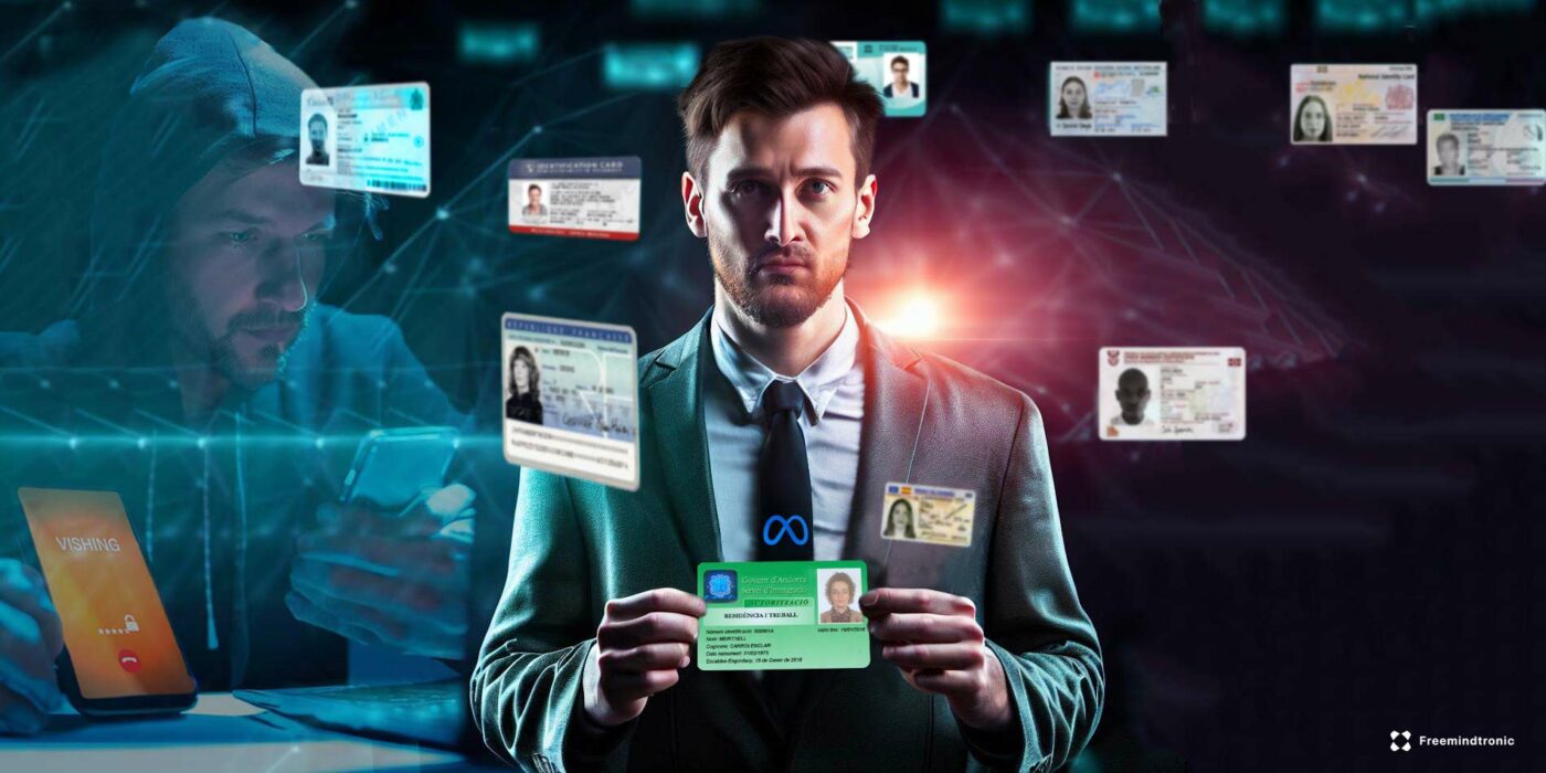 A man holding a resident card of a person in Andorra, wearing a badge of an identity card of a Spanish woman and surrounded by other identity cards of different countries including France and on his left a hacker in front of his computer with a phone
