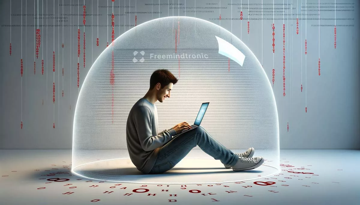 Person working on a laptop within a protective dome, surrounded by falling hexadecimal ASCII characters, highlighting communication vulnerabilities