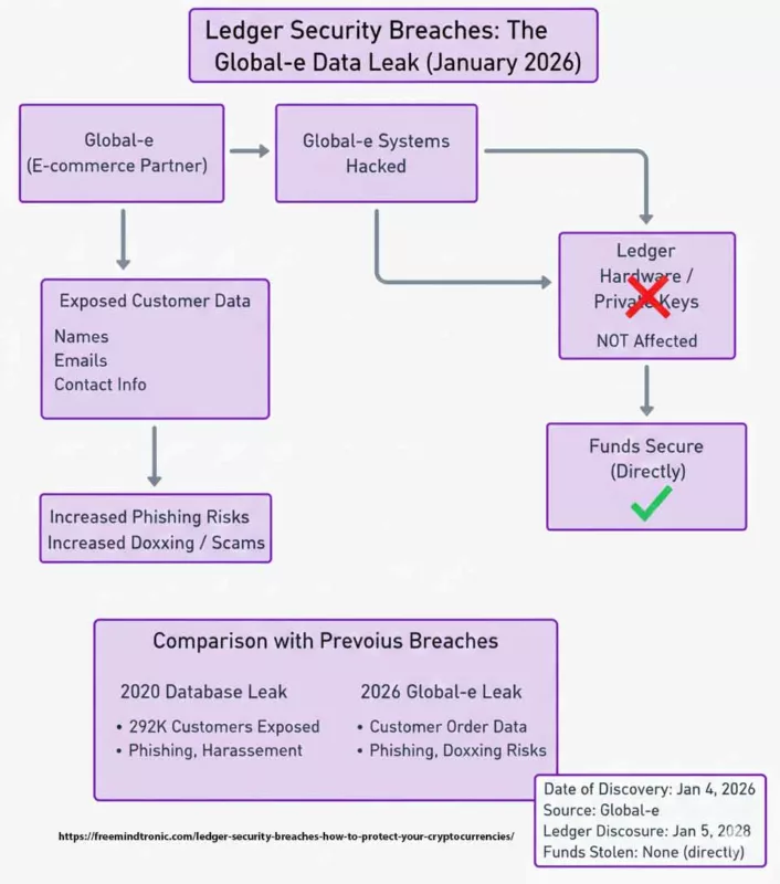Infographic detailing the Ledger security breaches via Global-e in January 2026, showing exposed customer data vs. secure private keys.