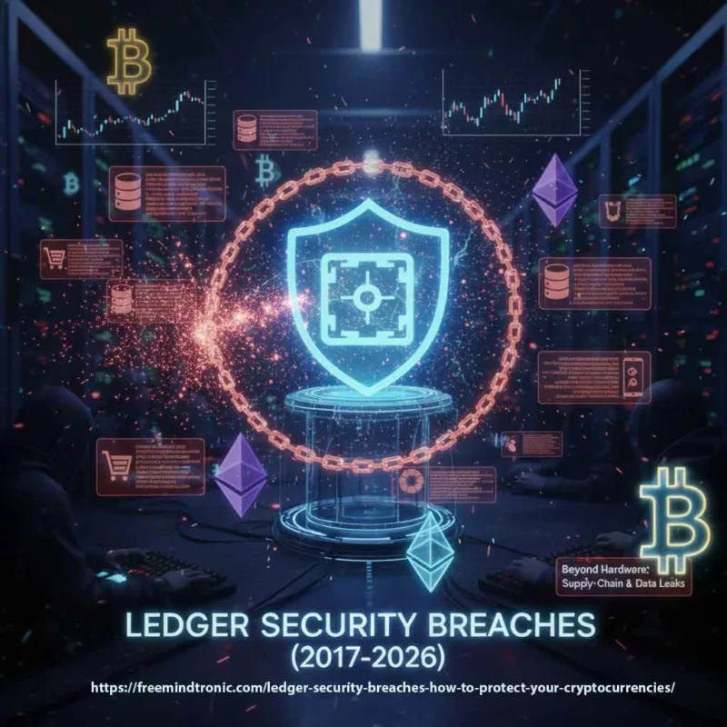 Realistic 16:9 illustration of Ledger Security Breaches featuring a broken digital chain surrounding compromised cryptocurrency data and hardware vulnerabilities.