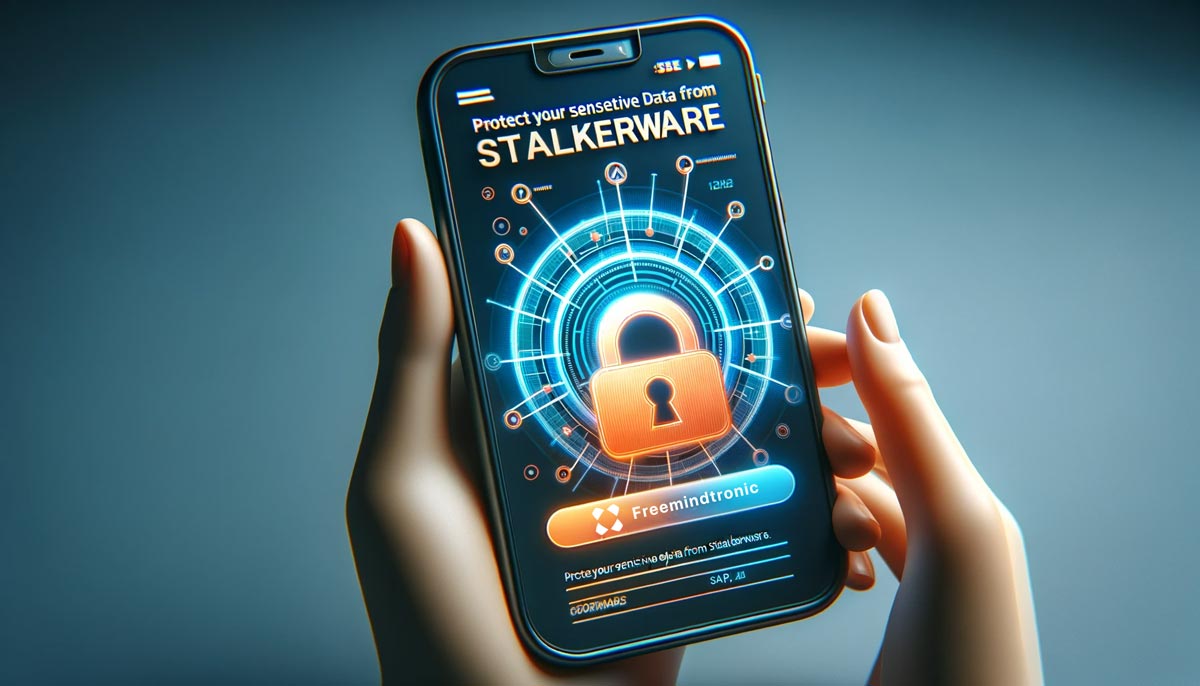 Woman holding a smartphone with a padlock icon on the screen, promoting protection from stalkerware.