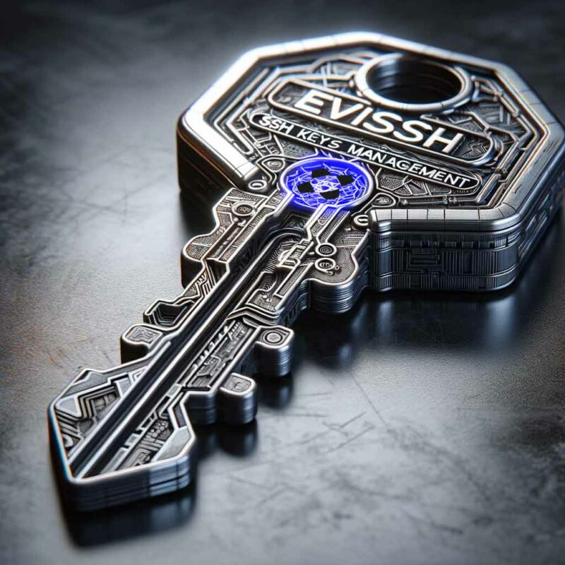 An intricately designed metallic key symbolizing 'EviSSH SSH Key Management'.