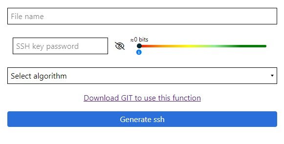 EviSSH interface with a call-to-action to download Git for generating SSH keys.