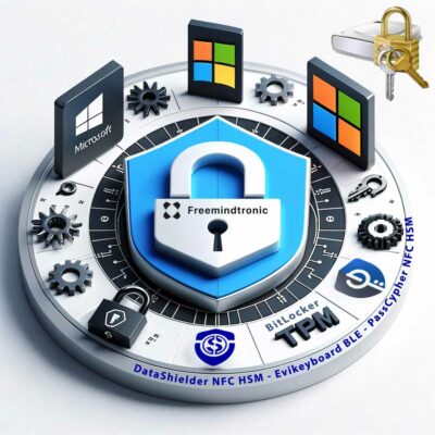 A visual representation of BitLocker Security featuring a central lock icon surrounded by elements representing Microsoft, TPM, and Windows security settings.