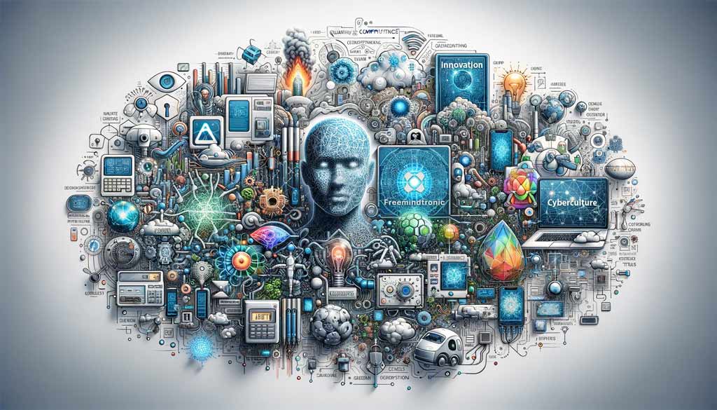 Illustration of Cyberculture encompassing cybersecurity, AI, quantum computing, IoT, and green electronics by Freemindtronic Andorra
