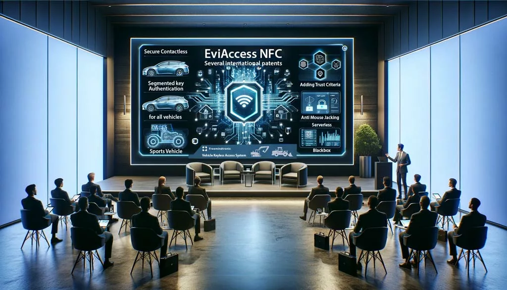 Presentation on EviAccess NFC HSM for Vehicle Keyless Access System in a modern conference room.