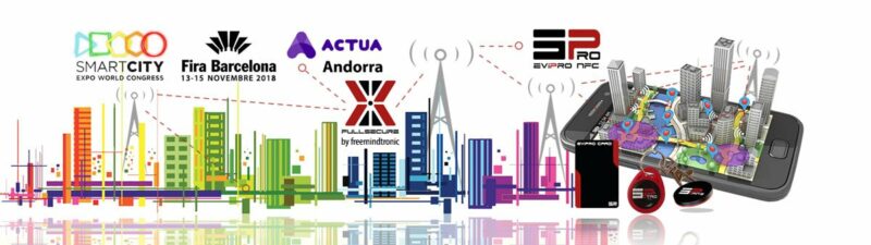 A colorful illustration of the EviPro NFC Expo Smartcity World Congress with logos of sponsors and a smart city emerging from a smartphone.