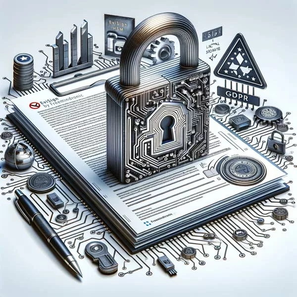 EviSign HSM compliance with eIDAS and GDPR - Secure digital lock, legal document with digital signature, and EU icons.