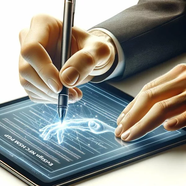 Hand electronically signing a document on a digital screen with EviSign HSM technology.