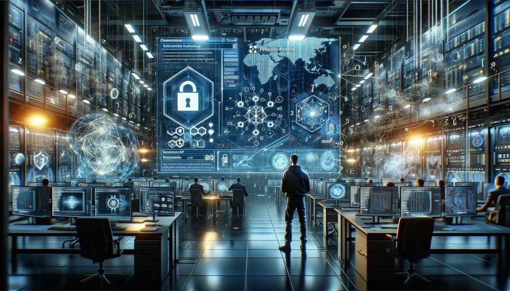 Alt Text: Cybersecurity expert analyzing EviScramble technology in a state-of-the-art lab.
