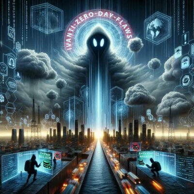 Digital representation of Ivanti Zero-Day Flaws threatening cybersecurity in a futuristic cityscape