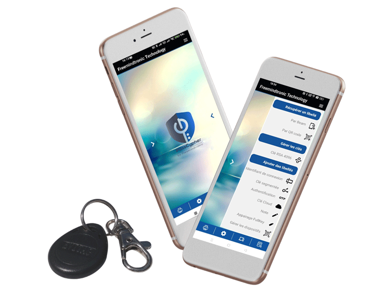 Mobile phones with PassCypher NFC HSM app and a keyring NFC HSM Tag for password management.