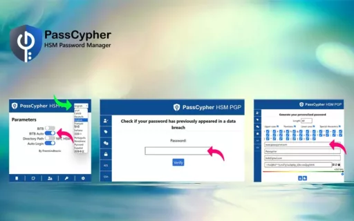 PassCypher HSM PGP settings window showing language selection, iframe protection, password storage path options, and auto-login activation.