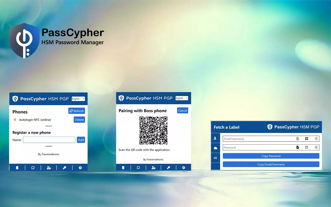 PassCypher HSM PGP interface showing NFC phone pairing system, QR code for Wi-Fi network pairing, and password retrieval options.