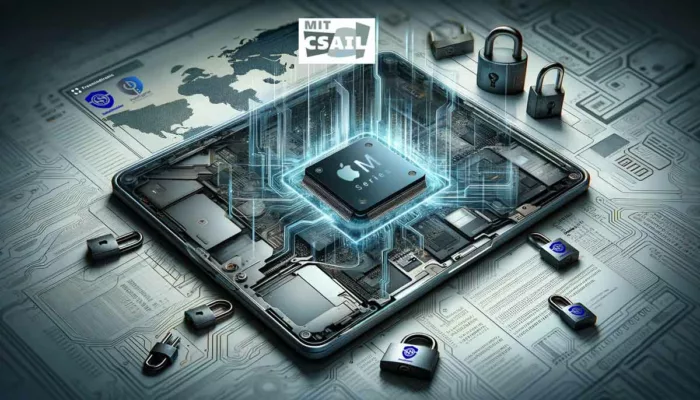 Illustration of an Apple MacBook with a highlighted M-series chip vulnerability, surrounded by symbols of data security breach and a global impact background.