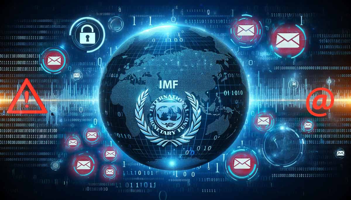 Digital world map with cybersecurity icons representing the Cybersecurity Breach at IMF.