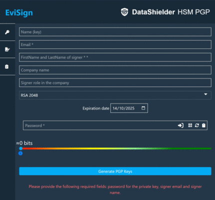 DataShielder HSM PGP Encryption interface for generating PGP keys with RSA and ECC options, including key expiration date and password protection.