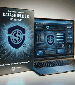 DataShielder HSM PGP product packaging and software interface displaying advanced encryption features.
