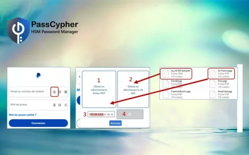 Interface showing the complete process of using a container encrypted with an AES-256 key secured with PGP, including steps for importing and decrypting.