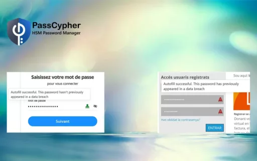 Two login windows showing PassCypher HSM PGP verification results; one with a green figure indicating a secure password, the other with a red hacker icon indicating a compromised password.