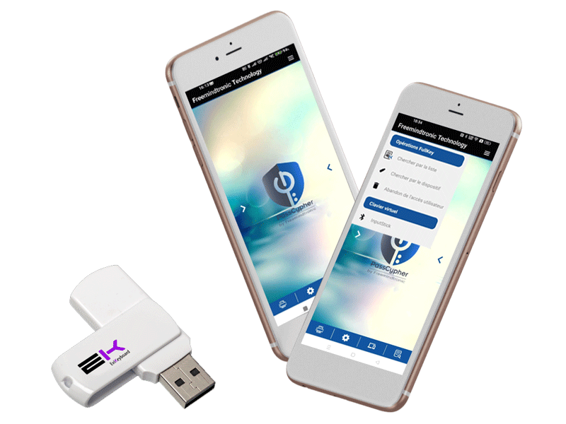 Two identical smartphones showcasing different displays of the PassCypher NFC HSM app for Android NFC phones, alongside a white USB device.