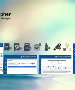 Interface showcasing PassCypher HSM Password Manager with password and AES-256 PGP-secured key generators, and storage type pictograms.