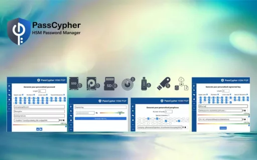 Interface showcasing PassCypher HSM Password Manager with password and AES-256 PGP-secured key generators, and storage type pictograms.
