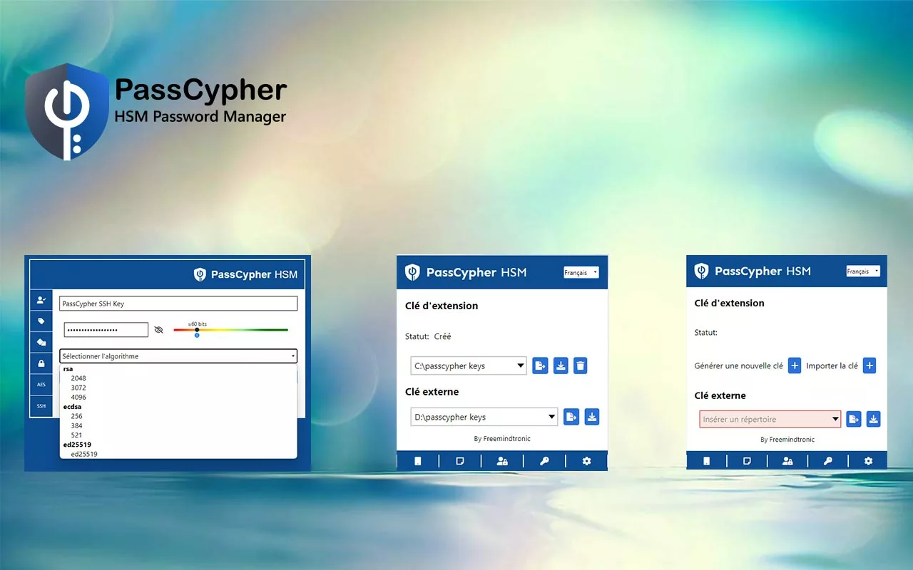 PassCypher HSM PGP Engine interface showing SSH key generator, segmented key management, and AES-256 encryption key reconstitution.