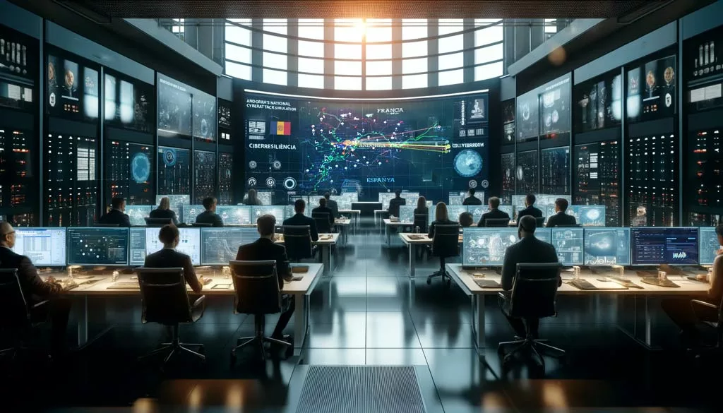 A modern cybersecurity control center with a diverse team monitoring national cyber threats during the Andorra National Cyberattack Simulation.