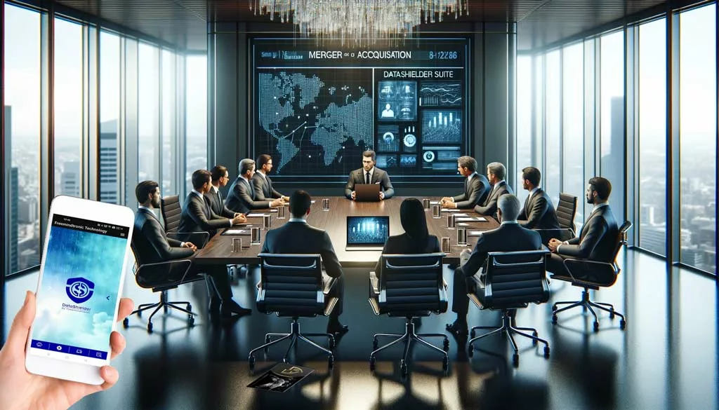 Corporate executives in a boardroom during a high-stakes merger negotiation, using DataShielder Suite for secure communications.