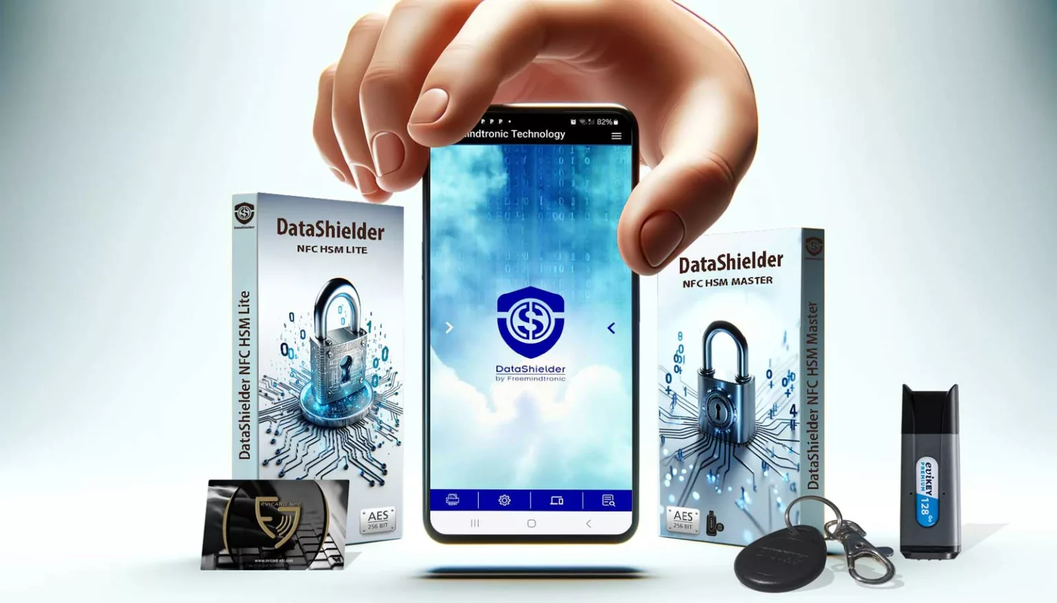 DataShielder NFC HSM Contacless Encryption and a smartphone showcasing security features