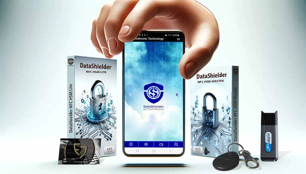 DataShielder Suite products with NFC HSM technology and a smartphone showcasing security features