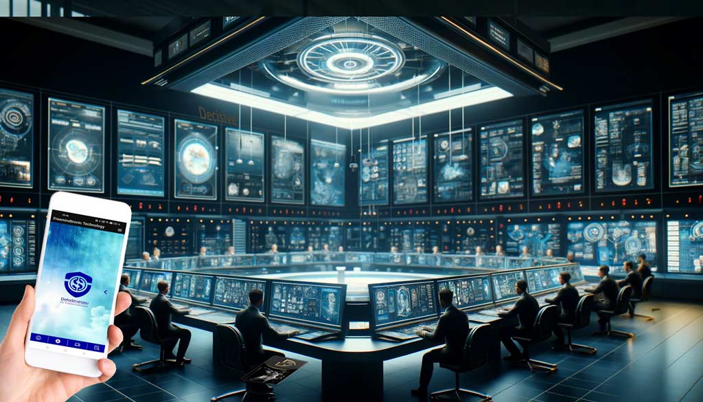 Secure command center with government personnel using NFC devices for encrypted communication, highlighting DataShielder Suite's capabilities in preventing identity theft and CEO fraud.